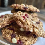 ['Close-up view of a healthy white chocolate cranberry cookie with visible cranberries and white chips.', 'Side view of a freshly baked white chocolate cranberry cookie, showcasing its chewy texture and cranberries.', 'A delicious white chocolate cranberry cookie displayed on a wooden surface, highlighting its ingredients.', 'Healthy cranberry cookie with white chocolate chips, featuring a golden brown exterior and juicy dried cranberries.']