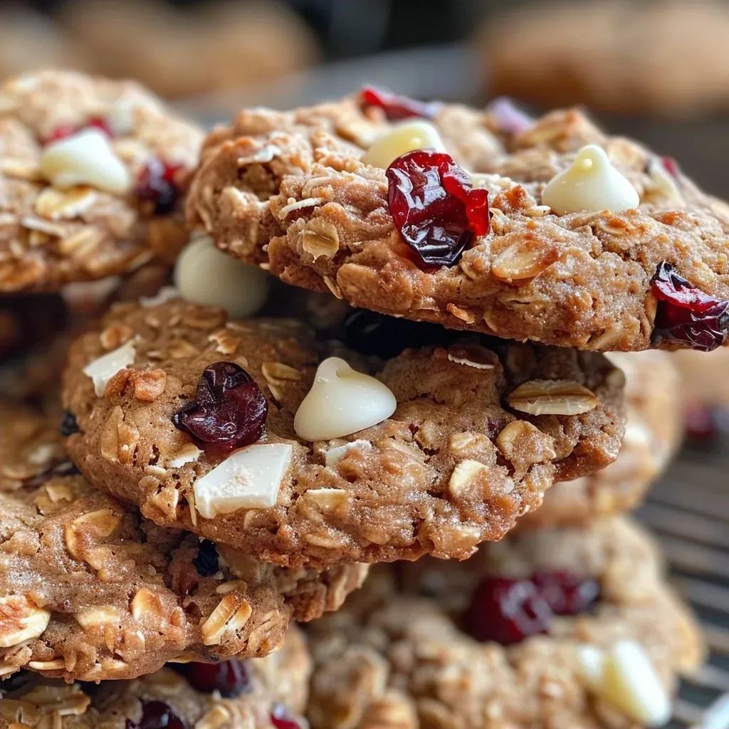 ['Close-up view of a healthy white chocolate cranberry cookie with visible cranberries and white chips.', 'Side view of a freshly baked white chocolate cranberry cookie, showcasing its chewy texture and cranberries.', 'A delicious white chocolate cranberry cookie displayed on a wooden surface, highlighting its ingredients.', 'Healthy cranberry cookie with white chocolate chips, featuring a golden brown exterior and juicy dried cranberries.']