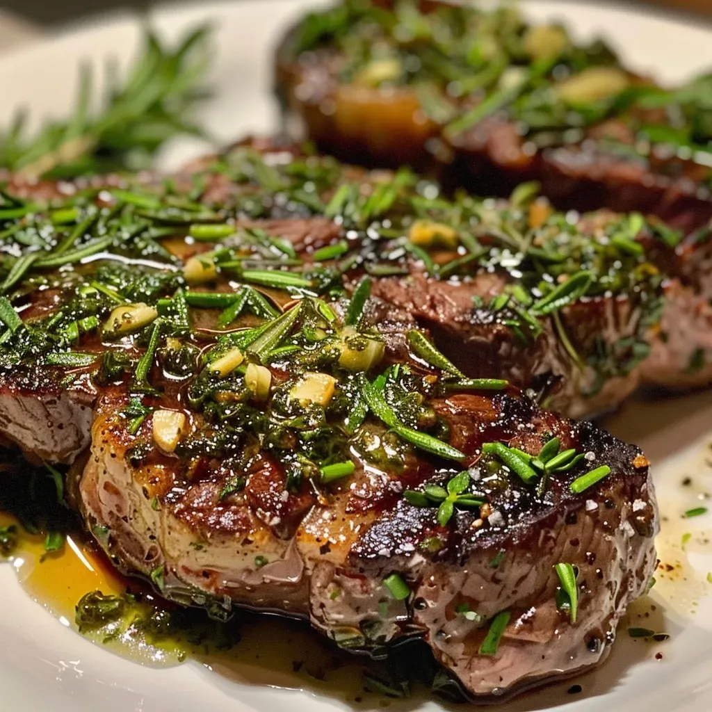 ['Close-up of a juicy ribeye steak topped with herb-garlic butter.', 'Side view of a perfectly cooked ribeye steak with melted garlic butter.', 'Close-up detail of a ribeye steak drizzled with herb-infused butter.', 'Delicious ribeye steak showcasing garlic butter and herbs glistening on top.']