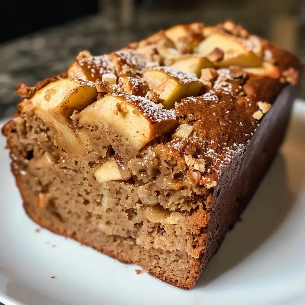 ['Close-up view of high protein apple cinnamon bread with a golden-brown crust.', 'A slice of apple cinnamon bread revealing diced apples and a soft texture.', 'Side view of freshly baked apple cinnamon bread showcasing its moist and fluffy interior.', 'High protein apple cinnamon bread with a sprinkle of cinnamon on top, set on a wooden board.']