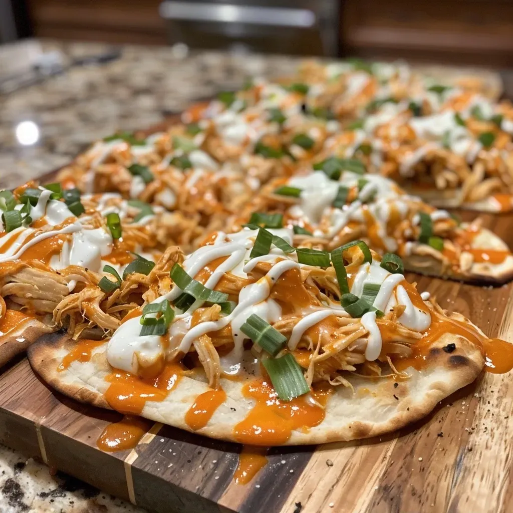 ['A side view of a High Protein Buffalo Chicken Flatbread topped with melted cheese and green onions.', 'Close-up of delicious Buffalo Chicken Flatbread with a drizzle of ranch dressing and vibrant green onions.', 'Juicy, shredded chicken flatbread with a rich buffalo sauce and gooey mozzarella from a side perspective.', 'High Protein Buffalo Chicken Flatbread showcasing layers of chicken and cheese garnished with green onions.']
