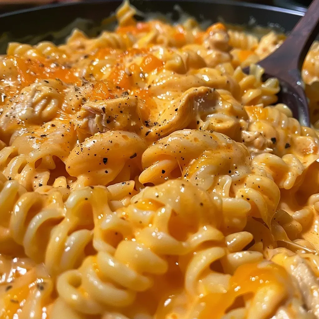 ['A close-up view of creamy Buffalo Chicken Mac and Cheese, showcasing golden pasta and melted cheese.', 'Juicy ground chicken mixed with macaroni and topped with hot sauce and cheese in a side view.', 'A delicious serving of creamy mac and cheese featuring high-protein Buffalo chicken, captured in detail.', 'A mouthwatering dish of Buffalo Chicken Mac and Cheese, highlighting the ingredients and texture.']