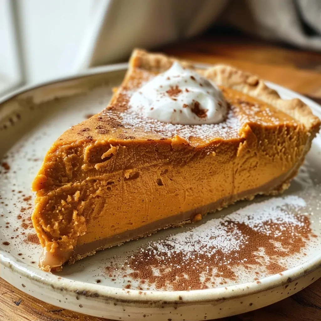 ['Close-up side view of a crustless pumpkin pie with a smooth, creamy texture and rich color.', 'A delicious crustless pumpkin pie showcasing a golden-brown surface and a luscious filling.', 'Side view of a high protein pumpkin pie, highlighting its velvety appearance and warm spices.', 'Detailed shot of a crustless pumpkin pie, emphasizing the creamy filling and inviting aroma.']