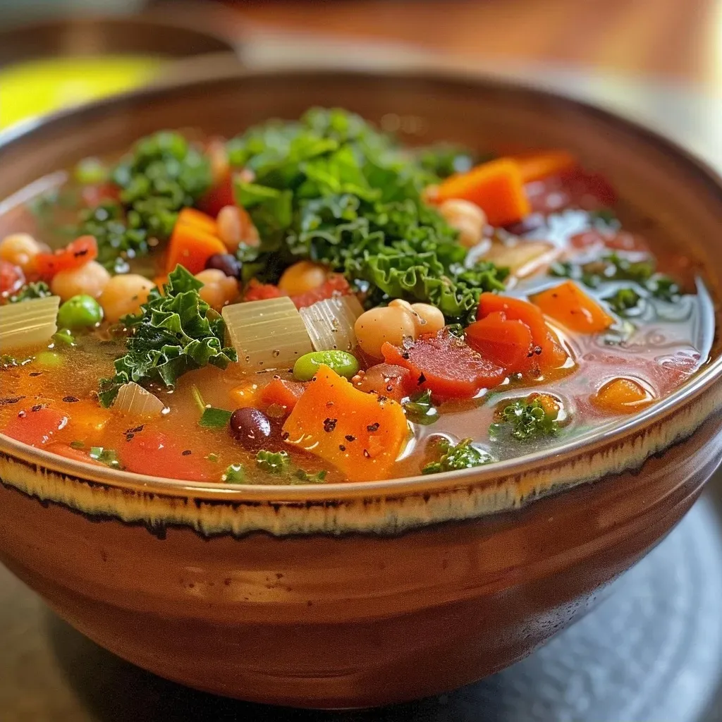 Close-up of a steaming bowl of high-protein vegetable soup with vibrant ingredients.