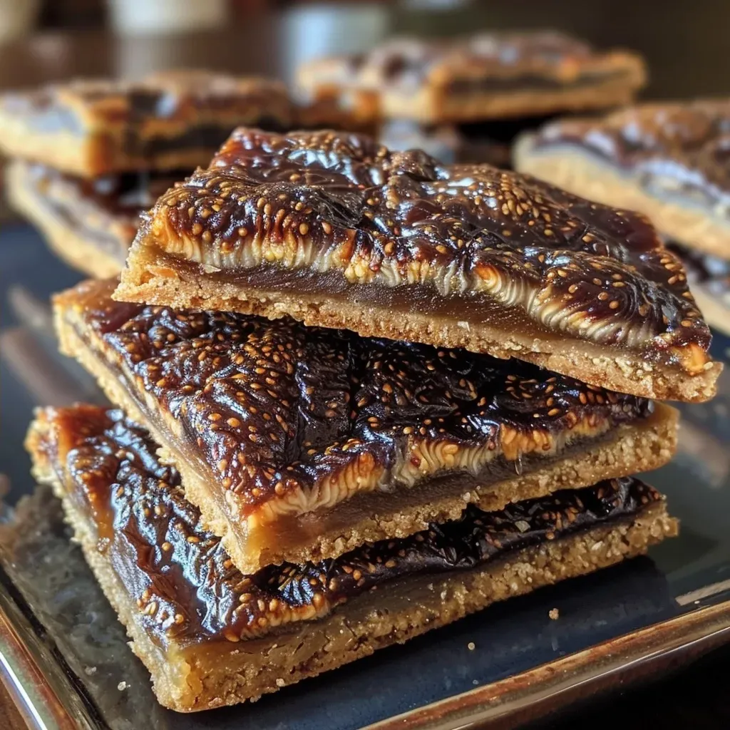 ['A close-up side view of homemade Fig Newtons stacked on a plate.', 'Juicy homemade Fig Newtons displayed with a golden-brown crust.', 'A delicious close-up of freshly baked Fig Newtons showcasing their fig filling.', 'Side view of homemade Fig Newtons highlighting their chewy texture and rich filling.']