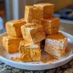 ['Close-up view of homemade pumpkin marshmallows with a rich orange color and fluffy texture.', 'Side view of soft, airy pumpkin marshmallows arranged on a plate, highlighting their creamy appearance.', 'Delicious homemade pumpkin marshmallows displayed, showing off their smooth surface and festive pumpkin spice flavor.', 'Close-up shot of pumpkin marshmallows, emphasizing their delightful texture and seasonal colors.']