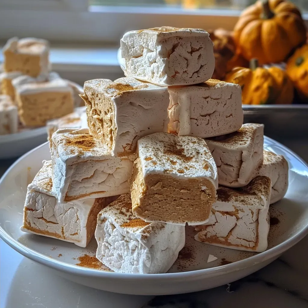 ['Close-up view of homemade pumpkin marshmallows with a rich orange color and fluffy texture.', 'Side view of soft, airy pumpkin marshmallows arranged on a plate, highlighting their creamy appearance.', 'Delicious homemade pumpkin marshmallows displayed, showing off their smooth surface and festive pumpkin spice flavor.', 'Close-up shot of pumpkin marshmallows, emphasizing their delightful texture and seasonal colors.']