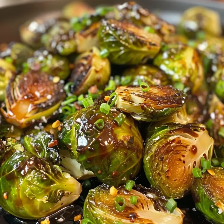 ['Close-up view of caramelized Honey Balsamic Brussels sprouts with a glossy glaze.', 'Side perspective of halved Brussels sprouts coated in a honey balsamic mixture, garnished with garlic.', 'Juicy Brussels sprouts in a honey balsamic sauce, showcasing a textured and shiny finish.', 'Detailed shot of roasted Brussels sprouts drizzled with honey and balsamic, highlighting their vibrant green color.']