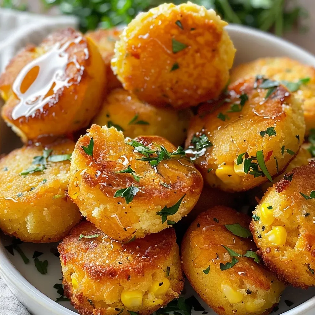 ['Close-up of golden-brown Honey Butter Cornbread Poppers with a glistening glaze.', 'Side view of freshly baked cornbread poppers showcasing a honey butter glaze.', 'Juicy Honey Butter Cornbread Poppers topped with a rich glaze and colorful ingredients.', 'Warm and inviting cornbread poppers, drizzled with honey butter, presented on a plate.']