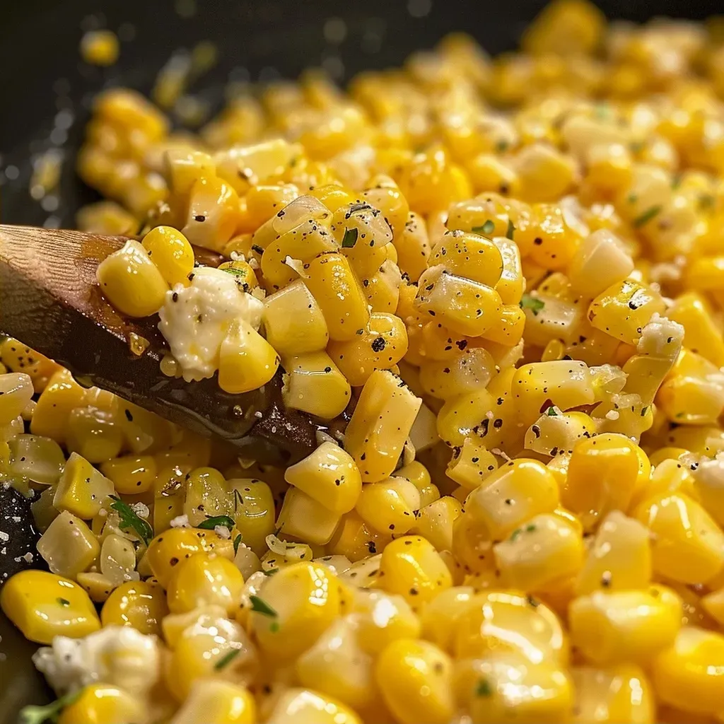 ['Close-up view of Honey Butter Skillet Corn in a skillet.', 'Juicy Honey Butter Skillet Corn garnished and ready to serve.', 'Side view of a skillet filled with glossy Honey Butter Skillet Corn.', 'Delicious Honey Butter Skillet Corn with a creamy texture in a frying pan.']