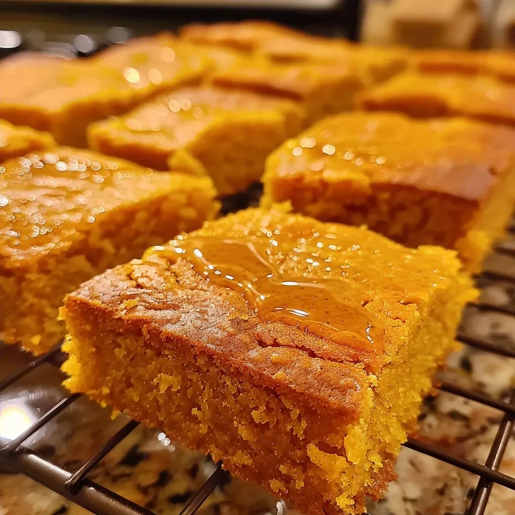 ['Close-up side view of Honey Butter Sweet Potato Cornbread with a golden crust.', 'Juicy Honey Butter Sweet Potato Cornbread shown in a detailed side profile.', 'A slice of Honey Butter Sweet Potato Cornbread revealing its fluffy texture.', 'Side view of cornbread displaying rich golden color and honey butter topping.']