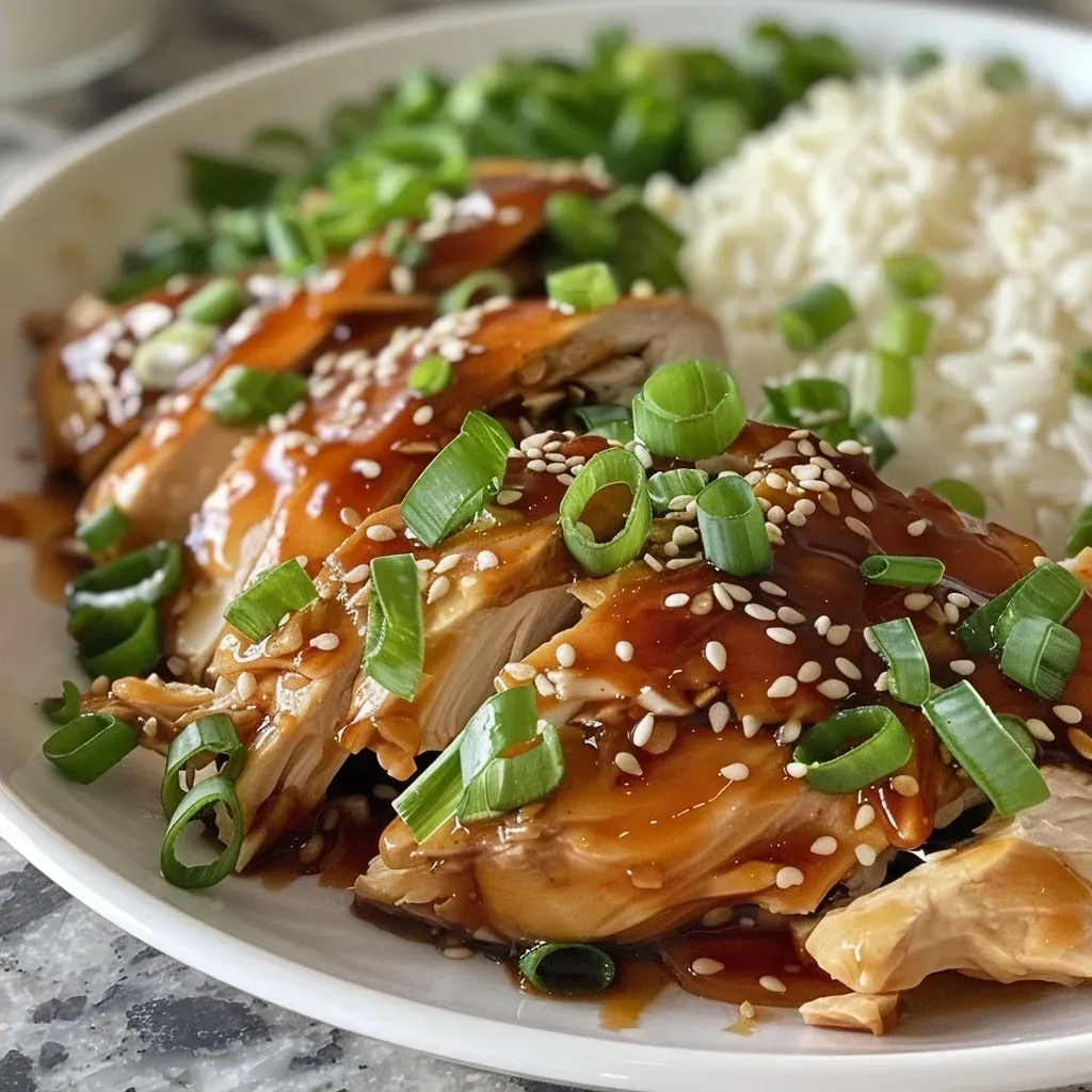 Close up of juicy honey garlic chicken thighs served with rice and garnished with scallions and sesame seeds.