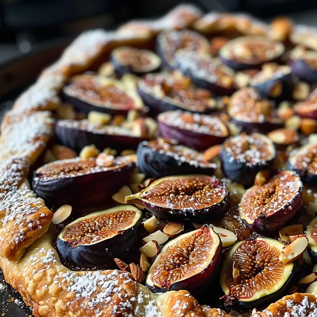 ['A close-up view of a honey-roasted fig and almond galette, showcasing its golden crust and juicy figs.', 'Side perspective of a freshly baked galette filled with roasted figs and almonds, highlighting the flaky texture.', 'An appetizing look at a rustic galette, featuring honey-glazed figs and almond slices on a wooden surface.', 'A detailed view of a fig and almond galette, with glistening honey and sliced almonds on top, presented on a plate.']