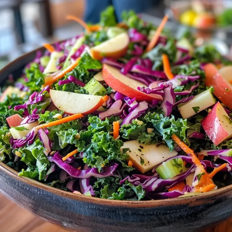 ['A vibrant Kale Apple Salad featuring shredded kale, colorful cabbage, and apple matchsticks.', 'Close-up view of a fresh Kale Apple Salad with a mix of greens and bright red cabbage.', 'Juicy Kale Apple Salad arranged with shredded vegetables and pieces of apple.', 'Side view of a Kale Apple Salad showcasing the texture of kale, carrots, and apples.']