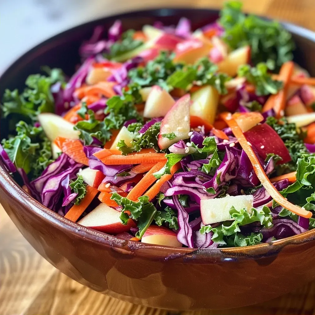 ['A vibrant Kale Apple Salad featuring shredded kale, colorful cabbage, and apple matchsticks.', 'Close-up view of a fresh Kale Apple Salad with a mix of greens and bright red cabbage.', 'Juicy Kale Apple Salad arranged with shredded vegetables and pieces of apple.', 'Side view of a Kale Apple Salad showcasing the texture of kale, carrots, and apples.']