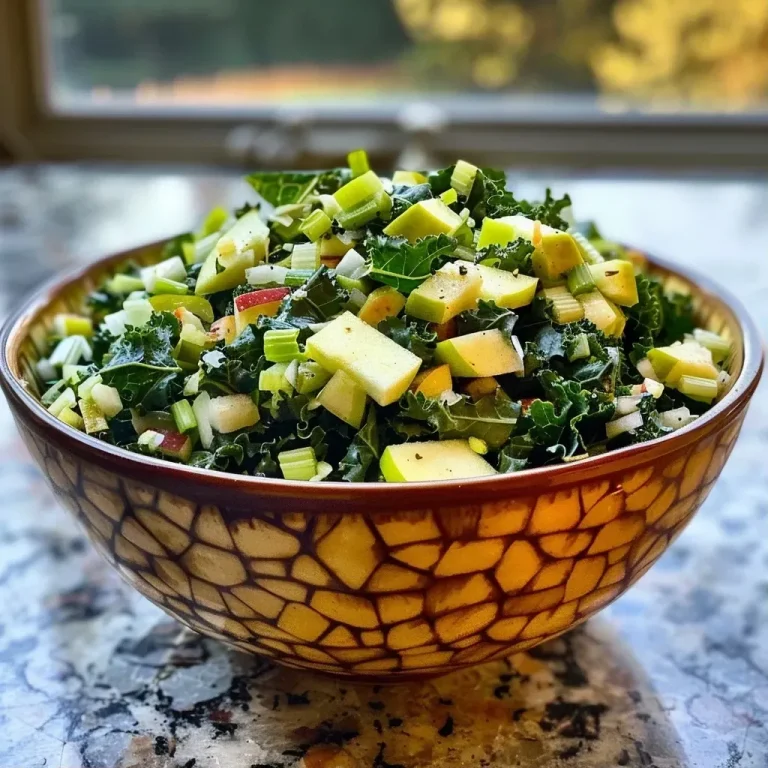 ['Close-up view of a vibrant Kale Apple Slaw with colorful ingredients.', 'Fresh Kale Apple Slaw featuring green kale, apple slices, and colorful toppings.', 'Side view of a healthy Kale Apple Slaw in a bowl, showcasing its crisp textures.', 'Detailed look at a Kale Apple Slaw with apple, green onion, and jicama.']