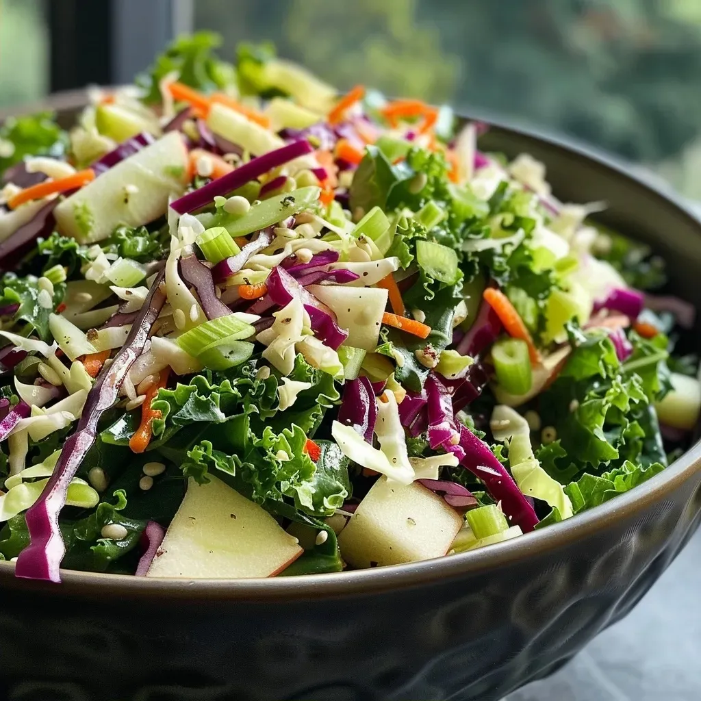 ['Close-up view of a vibrant Kale Apple Slaw with colorful ingredients.', 'Fresh Kale Apple Slaw featuring green kale, apple slices, and colorful toppings.', 'Side view of a healthy Kale Apple Slaw in a bowl, showcasing its crisp textures.', 'Detailed look at a Kale Apple Slaw with apple, green onion, and jicama.']