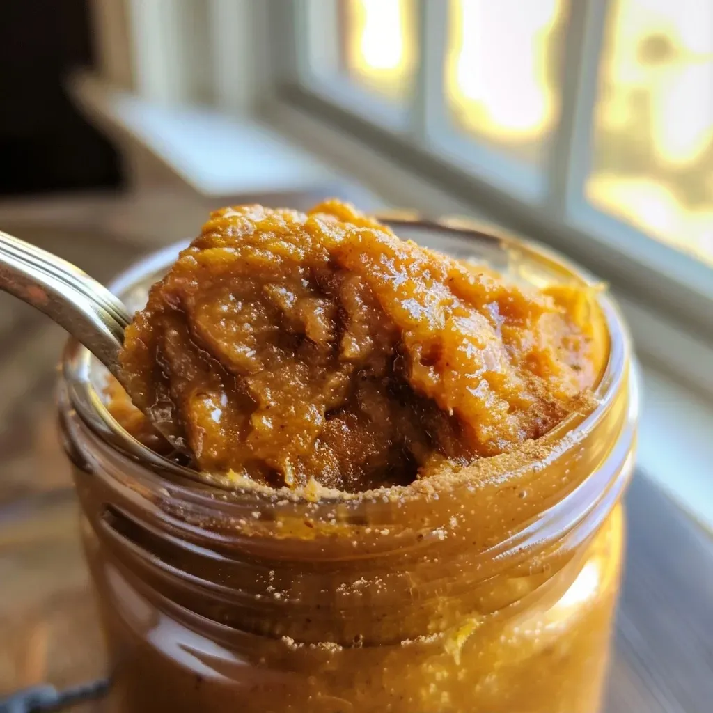 ['Close-up view of Keto Slow Cooker Pumpkin Butter in a jar.', 'Creamy Keto Pumpkin Butter in a bowl, with a spoon beside it.', 'Side view of Keto Pumpkin Butter spread on a slice of bread.', 'Textured pumpkin butter in a slow cooker, showing its rich, orange color.']