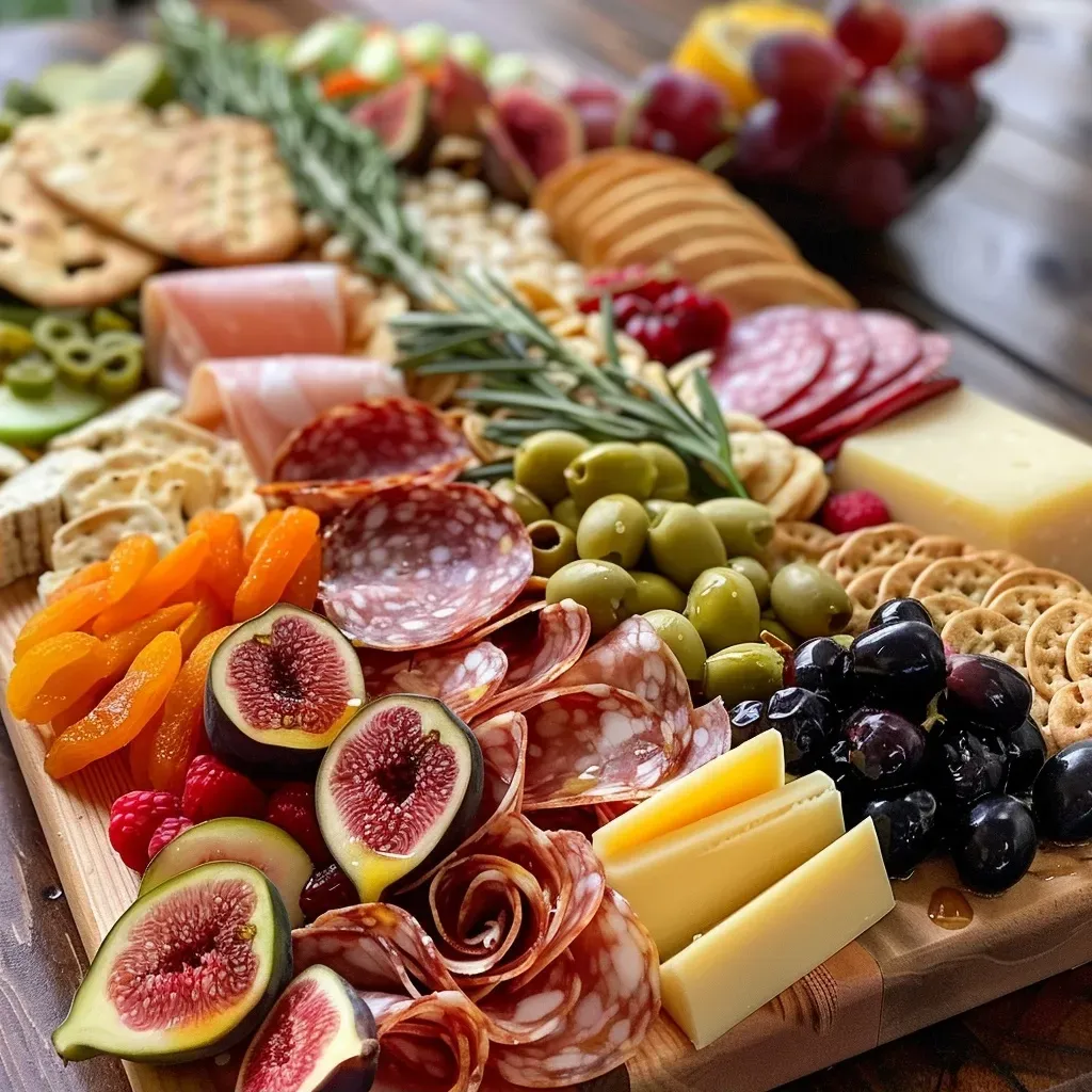 ['Close-up view of a lactose-free charcuterie board featuring cheeses, nuts, and fruits.', 'Side view of a vibrant lactose-free charcuterie board with various cheeses and dried fruits.', 'Colorful lactose-free charcuterie board showcasing cheeses, honey, and seasonal fruits.', 'Detailed image of a lactose-free charcuterie spread with cheeses, meats, and fall produce.']