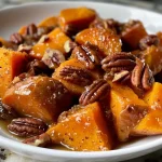 ['Close-up view of lighter maple pecan sweet potatoes topped with chopped pecans.', 'Side view of a creamy sweet potato dish with a glossy maple glaze and pecan topping.', 'Juicy sweet potatoes served in a bowl, garnished with pecans and a drizzle of maple syrup.', 'Richly colored sweet potato casserole featuring a crumbly pecan topping and cinnamon dusting.']