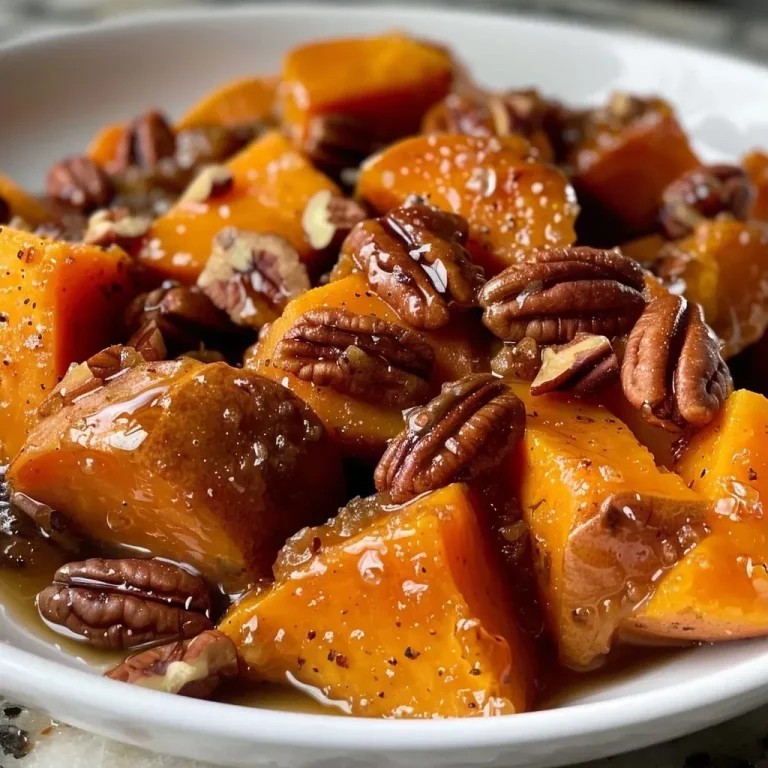 ['Close-up view of lighter maple pecan sweet potatoes topped with chopped pecans.', 'Side view of a creamy sweet potato dish with a glossy maple glaze and pecan topping.', 'Juicy sweet potatoes served in a bowl, garnished with pecans and a drizzle of maple syrup.', 'Richly colored sweet potato casserole featuring a crumbly pecan topping and cinnamon dusting.']