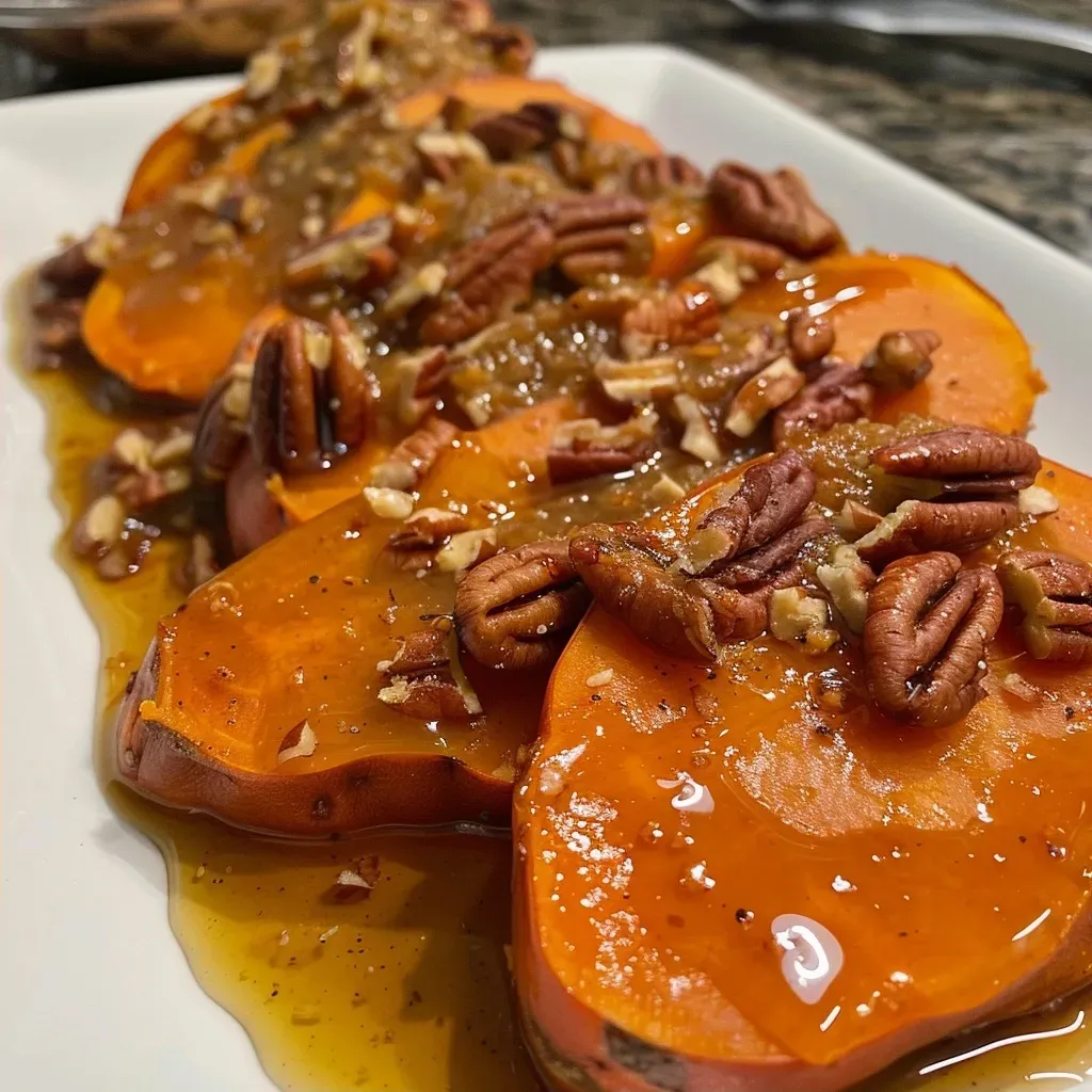 Close-up view of lighter maple pecan sweet potatoes topped with chopped pecans.
