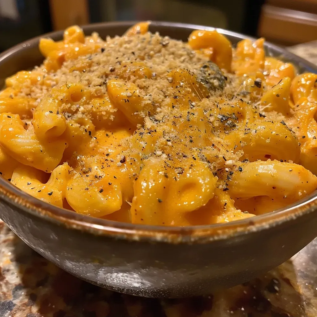 ['A close-up side view of a bowl of Low Calorie Pumpkin Mac and Cheese, showcasing creamy orange pasta with melted cheese.', 'A vibrant dish of Low Calorie Pumpkin Mac and Cheese, featuring pasta with a rich pumpkin color and green herbs sprinkled on top.', 'A side angle view of creamy pumpkin mac and cheese in a white bowl, highlighting the texture of the cheese and pasta.', 'A detailed image of Low Calorie Pumpkin Mac and Cheese, capturing the creamy consistency and hints of garlic and herbs.']