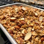 ['Close-up view of crunchy granola with almond butter and maple syrup.', 'Side perspective of a bowl filled with Maple Almond Butter Granola.', 'Detailed image showing clusters of granola with visible almonds and oats.', 'Juicy granola mix featuring oats and almond bits drizzled with syrup.']