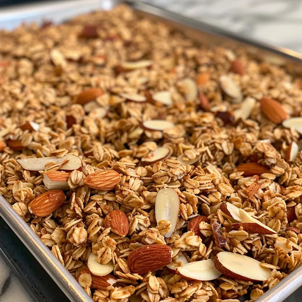 ['Close-up view of crunchy granola with almond butter and maple syrup.', 'Side perspective of a bowl filled with Maple Almond Butter Granola.', 'Detailed image showing clusters of granola with visible almonds and oats.', 'Juicy granola mix featuring oats and almond bits drizzled with syrup.']