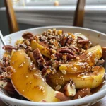 ['Close-up of sliced spiced apples with a glossy maple syrup glaze.', 'Juicy apples sprinkled with cinnamon and pecans, showcasing a mouthwatering texture.', 'Side view of caramelized apples drizzled with maple syrup and mixed with oats.', 'Warm, baked apples featuring spices and a shiny finish, perfect for dessert.']