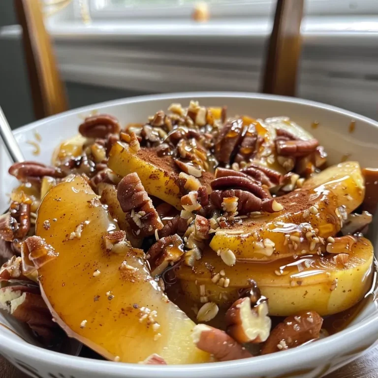['Close-up of sliced spiced apples with a glossy maple syrup glaze.', 'Juicy apples sprinkled with cinnamon and pecans, showcasing a mouthwatering texture.', 'Side view of caramelized apples drizzled with maple syrup and mixed with oats.', 'Warm, baked apples featuring spices and a shiny finish, perfect for dessert.']