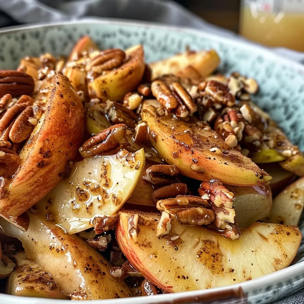 ['Close-up of sliced spiced apples with a glossy maple syrup glaze.', 'Juicy apples sprinkled with cinnamon and pecans, showcasing a mouthwatering texture.', 'Side view of caramelized apples drizzled with maple syrup and mixed with oats.', 'Warm, baked apples featuring spices and a shiny finish, perfect for dessert.']