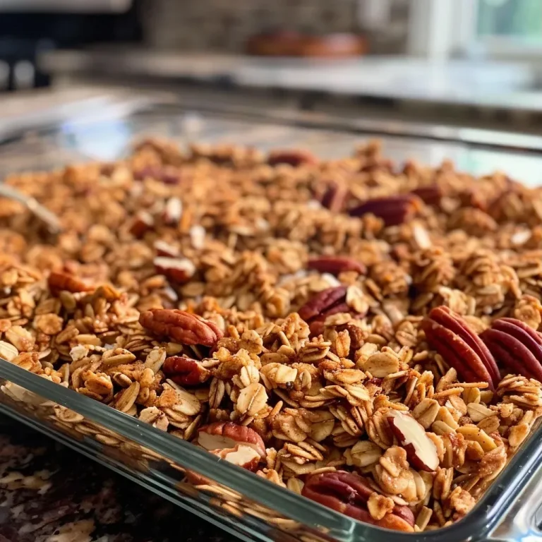 ['Close-up of Maple Cinnamon Pecan Granola with a golden-brown texture.', 'Side view of a bowl filled with Maple Cinnamon Pecan Granola featuring whole pecans and oats.', 'Textured granola clusters with a rich maple and cinnamon color on a wooden surface.', 'Detailed view of crunchy granola with pecans and a hint of cinnamon.']