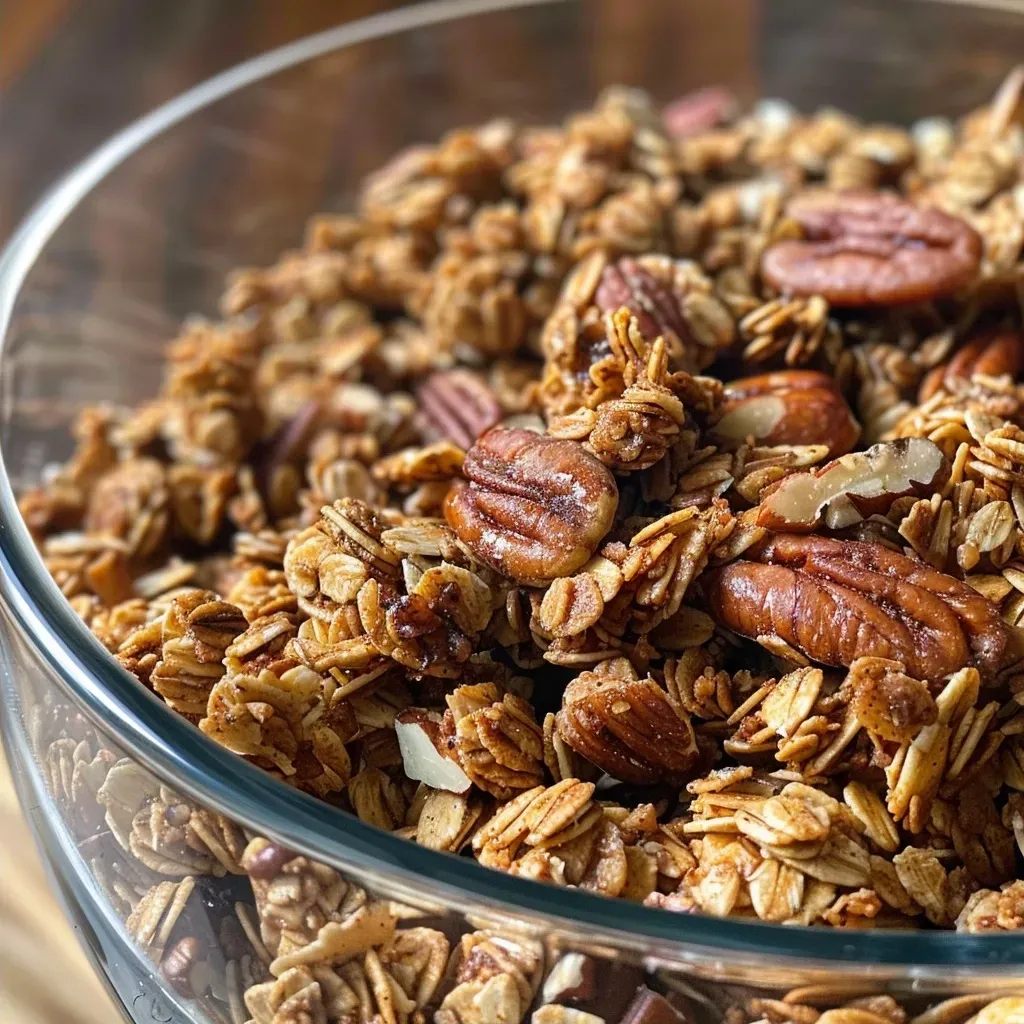 ['Close-up of Maple Cinnamon Pecan Granola with a golden-brown texture.', 'Side view of a bowl filled with Maple Cinnamon Pecan Granola featuring whole pecans and oats.', 'Textured granola clusters with a rich maple and cinnamon color on a wooden surface.', 'Detailed view of crunchy granola with pecans and a hint of cinnamon.']