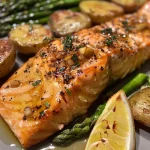 ['Close-up of succulent salmon fillets glistening with maple Dijon glaze beside vibrant green asparagus and baby potatoes.', 'Side view of a glazed salmon dish featuring perfectly cooked salmon, asparagus, and halved baby potatoes on a sheet pan.', 'Detailed shot of glazed salmon fillets topped with herbs and surrounded by colorful vegetables on a sheet pan.', 'Close-up of golden-brown maple Dijon glazed salmon, with asparagus and baby potatoes arranged artfully on a baking sheet.']