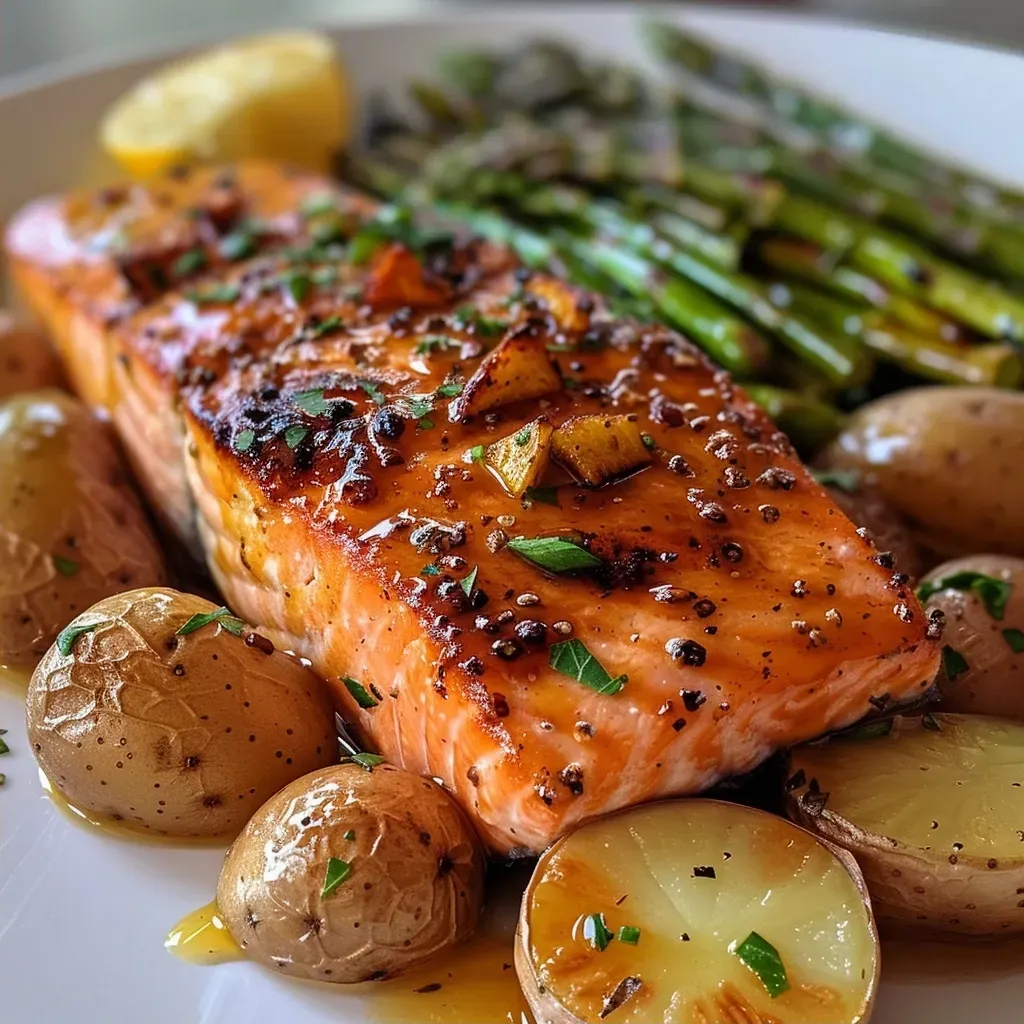 ['Close-up of succulent salmon fillets glistening with maple Dijon glaze beside vibrant green asparagus and baby potatoes.', 'Side view of a glazed salmon dish featuring perfectly cooked salmon, asparagus, and halved baby potatoes on a sheet pan.', 'Detailed shot of glazed salmon fillets topped with herbs and surrounded by colorful vegetables on a sheet pan.', 'Close-up of golden-brown maple Dijon glazed salmon, with asparagus and baby potatoes arranged artfully on a baking sheet.']