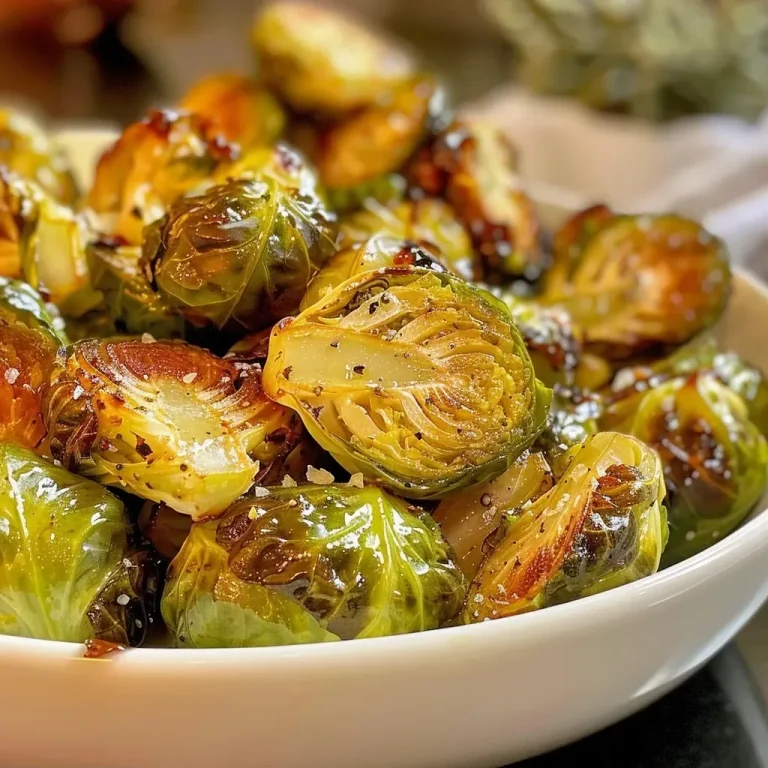 ['Close-up view of roasted Brussels sprouts glistening with maple syrup and Dijon mustard.', 'Side view of crispy golden-brown Brussels sprouts coated in a shiny glaze.', 'Juicy roasted Brussels sprouts marinated in a maple Dijon sauce, displayed attractively.', 'Appetizing side profile of Brussels sprouts with a rich caramelized finish.']