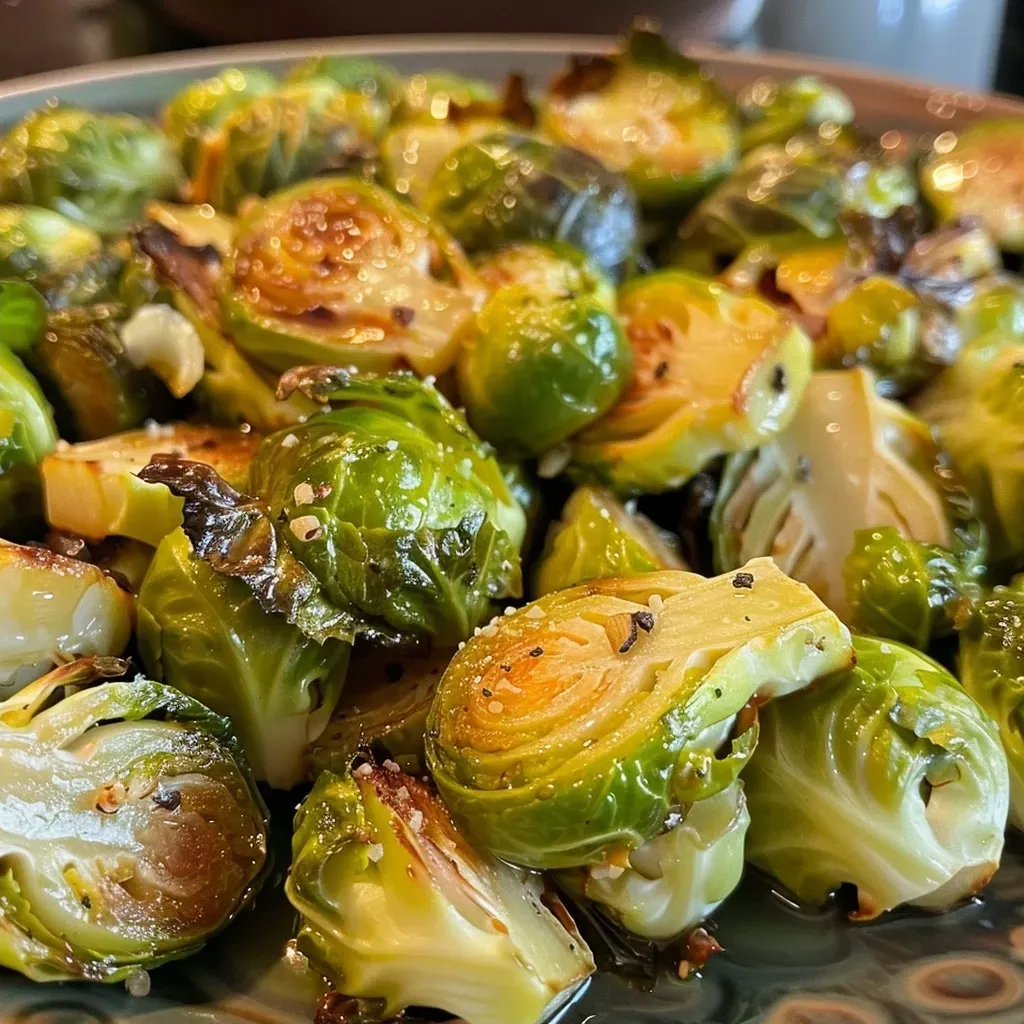 ['Close-up view of roasted Brussels sprouts glistening with maple syrup and Dijon mustard.', 'Side view of crispy golden-brown Brussels sprouts coated in a shiny glaze.', 'Juicy roasted Brussels sprouts marinated in a maple Dijon sauce, displayed attractively.', 'Appetizing side profile of Brussels sprouts with a rich caramelized finish.']