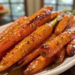 ['Close-up view of juicy maple glazed carrots, glistening with syrup.', 'Side view of vibrant orange carrots coated in a shiny maple glaze.', 'A delectable serving of maple glazed carrots, showcasing their rich color and sheen.', 'Delicious maple glazed carrots arranged beautifully, highlighting their texture.']