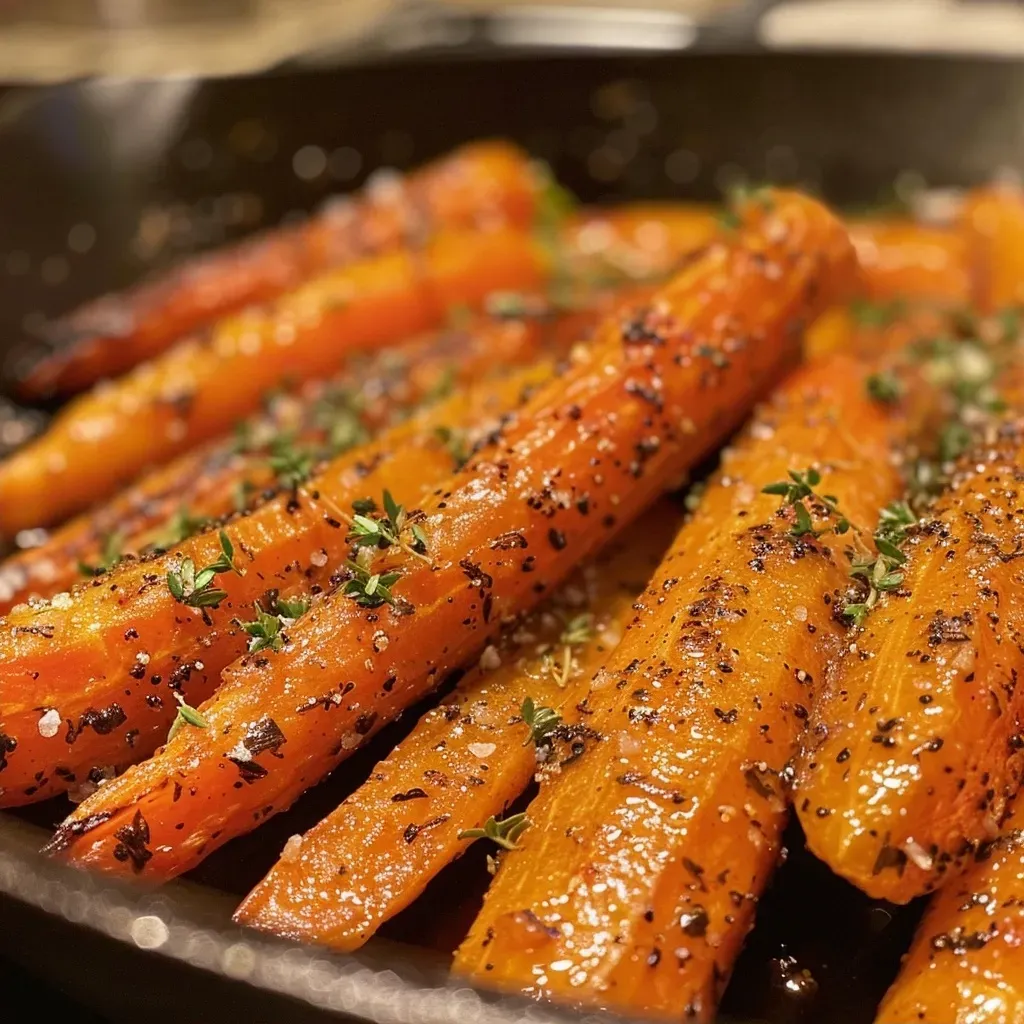 ['Close-up view of juicy maple glazed carrots, glistening with syrup.', 'Side view of vibrant orange carrots coated in a shiny maple glaze.', 'A delectable serving of maple glazed carrots, showcasing their rich color and sheen.', 'Delicious maple glazed carrots arranged beautifully, highlighting their texture.']