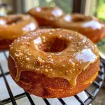 ['Close-up of a maple glazed pumpkin donut showcasing its shiny surface and texture.', 'Side view of a pumpkin donut, glistening with maple glaze and sprinkled with fall spices.', 'Delicious looking maple glazed pumpkin donut, emphasizing its fluffy interior and glossy top.', 'A scrumptious pumpkin donut coated in maple glaze, highlighting its inviting warmth.']
