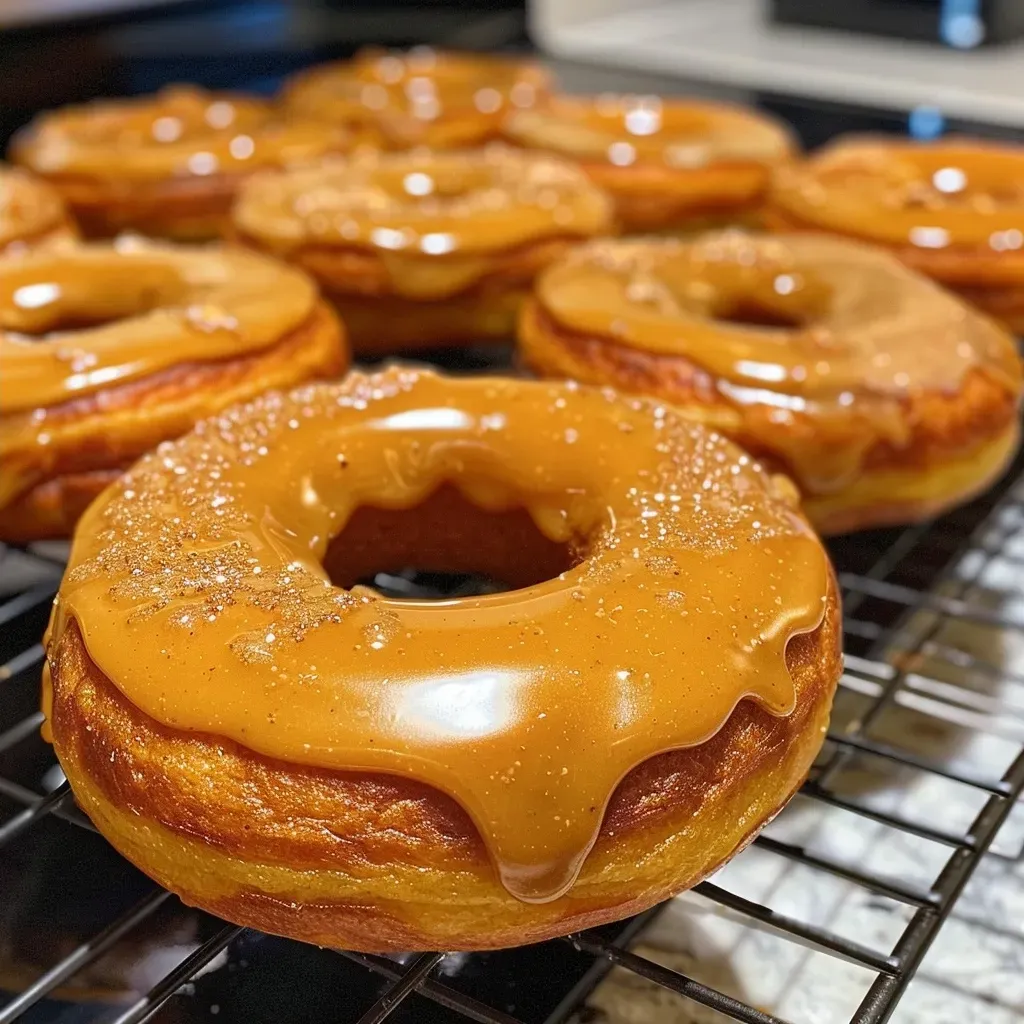 ['Close-up of a maple glazed pumpkin donut showcasing its shiny surface and texture.', 'Side view of a pumpkin donut, glistening with maple glaze and sprinkled with fall spices.', 'Delicious looking maple glazed pumpkin donut, emphasizing its fluffy interior and glossy top.', 'A scrumptious pumpkin donut coated in maple glaze, highlighting its inviting warmth.']