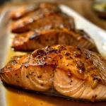 ['Juicy maple glazed salmon fillets garnished with herbs on a white plate.', 'Close-up of succulent salmon with a shiny maple glaze and lemon wedge.', 'Side view of perfectly cooked salmon fillet drizzled with a sweet glaze.', 'Delicious salmon served with a savory maple syrup glaze and fresh garlic.']