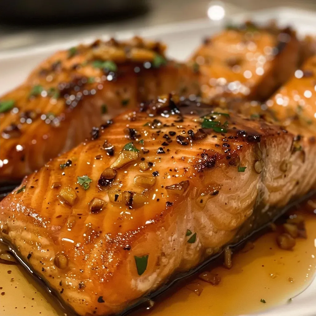 ['Juicy maple glazed salmon fillets garnished with herbs on a white plate.', 'Close-up of succulent salmon with a shiny maple glaze and lemon wedge.', 'Side view of perfectly cooked salmon fillet drizzled with a sweet glaze.', 'Delicious salmon served with a savory maple syrup glaze and fresh garlic.']