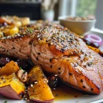 ['A close-up view of Maple-Miso Salmon served with acorn squash and farro on a wooden plate.', 'A side view of succulent Maple-Miso Salmon next to roasted acorn squash slices and grains on a plate.', 'A detailed image of a hearty dish featuring Maple-Miso Salmon, acorn squash, and a serving of farro.', 'An appetizing presentation of Maple-Miso Salmon accompanied by colorful acorn squash and farro on a table.']