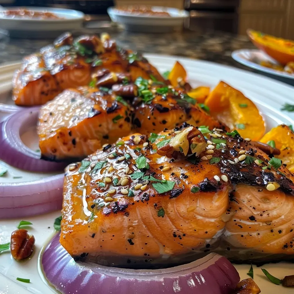 ['A close-up view of Maple-Miso Salmon served with acorn squash and farro on a wooden plate.', 'A side view of succulent Maple-Miso Salmon next to roasted acorn squash slices and grains on a plate.', 'A detailed image of a hearty dish featuring Maple-Miso Salmon, acorn squash, and a serving of farro.', 'An appetizing presentation of Maple-Miso Salmon accompanied by colorful acorn squash and farro on a table.']
