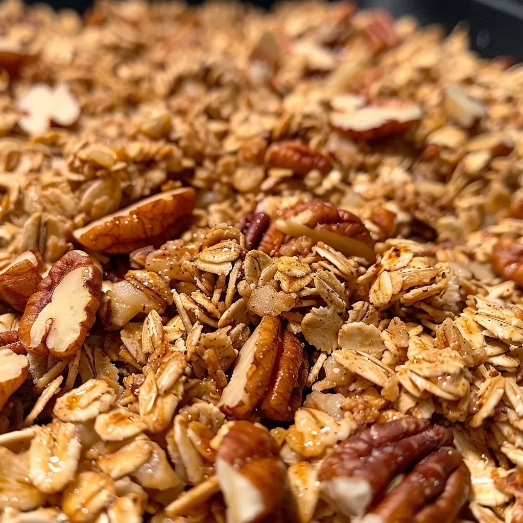 ['Close-up of Maple Pecan Granola with oats, nuts, and coconut highlighted.', 'Side view of a bowl filled with Maple Pecan Granola, showcasing its texture and ingredients.', 'Richly textured Maple Pecan Granola featuring chopped pecans and coconut flakes.', 'Delightful close-up of a granola mixture with visible oats, sunflower seeds, and spices.']
