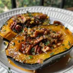 ['Close-up side view of roasted acorn squash halves garnished with pecans and drizzled with maple syrup.', 'Juicy acorn squash cut in half, displaying a glazed surface with maple syrup and sprinkled pecans.', 'Side view of a roasted acorn squash featuring a glossy topping and crunchy pecan pieces.', 'Mouth-watering acorn squash halves roasted to perfection, adorned with maple syrup and coarsely chopped pecans.']