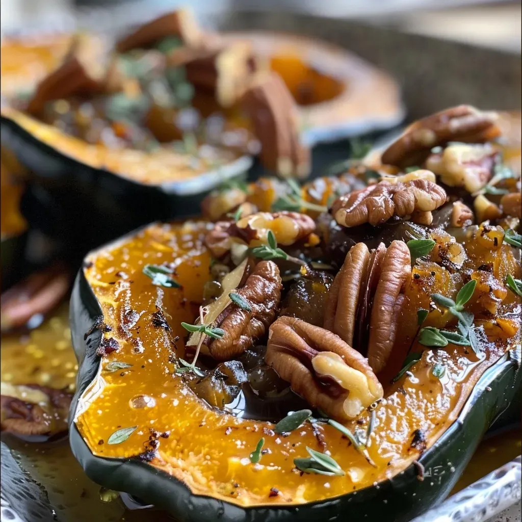 ['Close-up side view of roasted acorn squash halves garnished with pecans and drizzled with maple syrup.', 'Juicy acorn squash cut in half, displaying a glazed surface with maple syrup and sprinkled pecans.', 'Side view of a roasted acorn squash featuring a glossy topping and crunchy pecan pieces.', 'Mouth-watering acorn squash halves roasted to perfection, adorned with maple syrup and coarsely chopped pecans.']