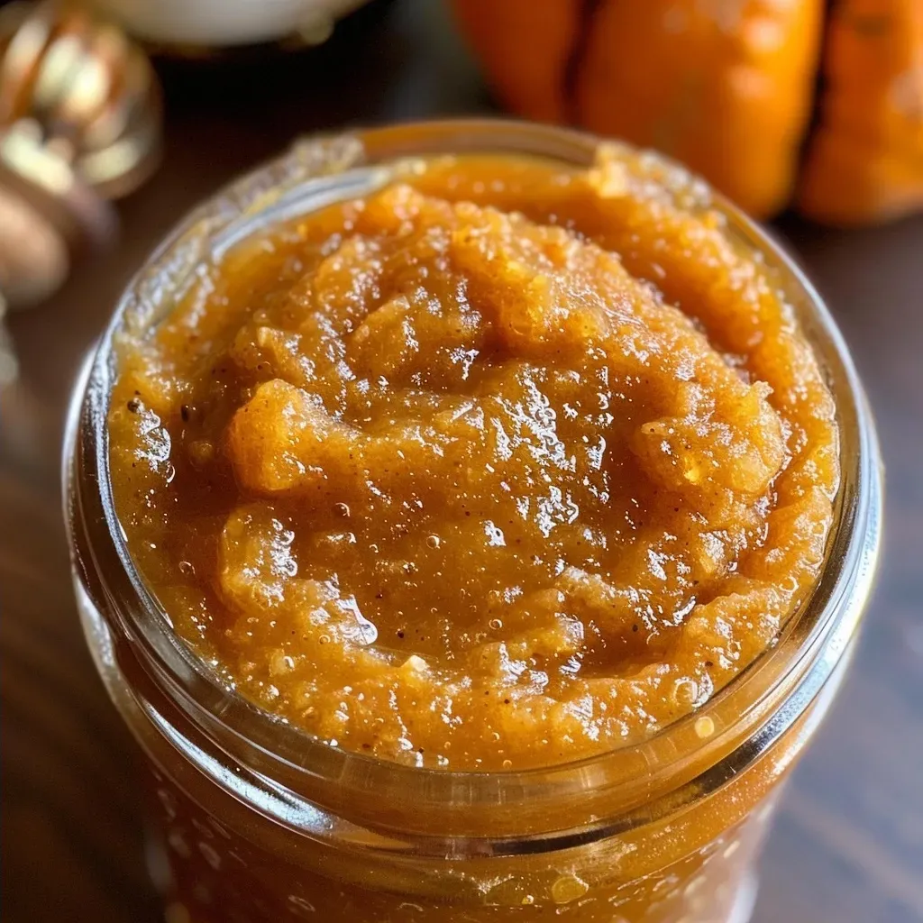 ['Close-up of a jar filled with creamy maple pumpkin butter.', 'Side view of delicious pumpkin butter with a smooth texture in a jar.', 'Rich maple pumpkin butter in a clear glass jar, presented against a neutral background.', 'Spoon scooping out thick, velvety pumpkin butter from a jar.']